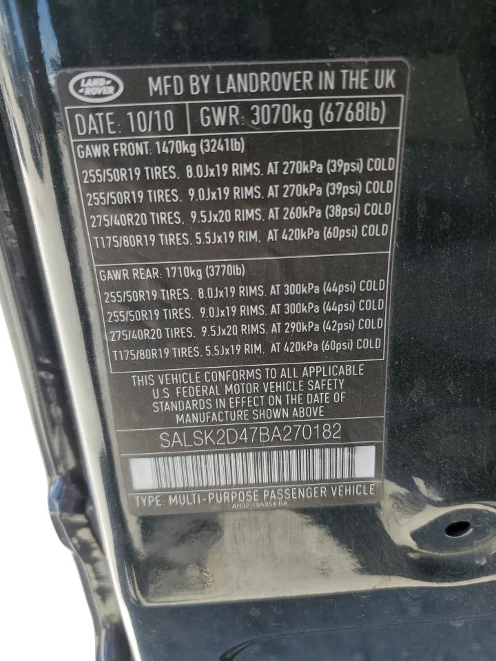 2011 Land Rover Range Rover Sport Lux VIN: SALSK2D47BA270182 Lot: 66978534