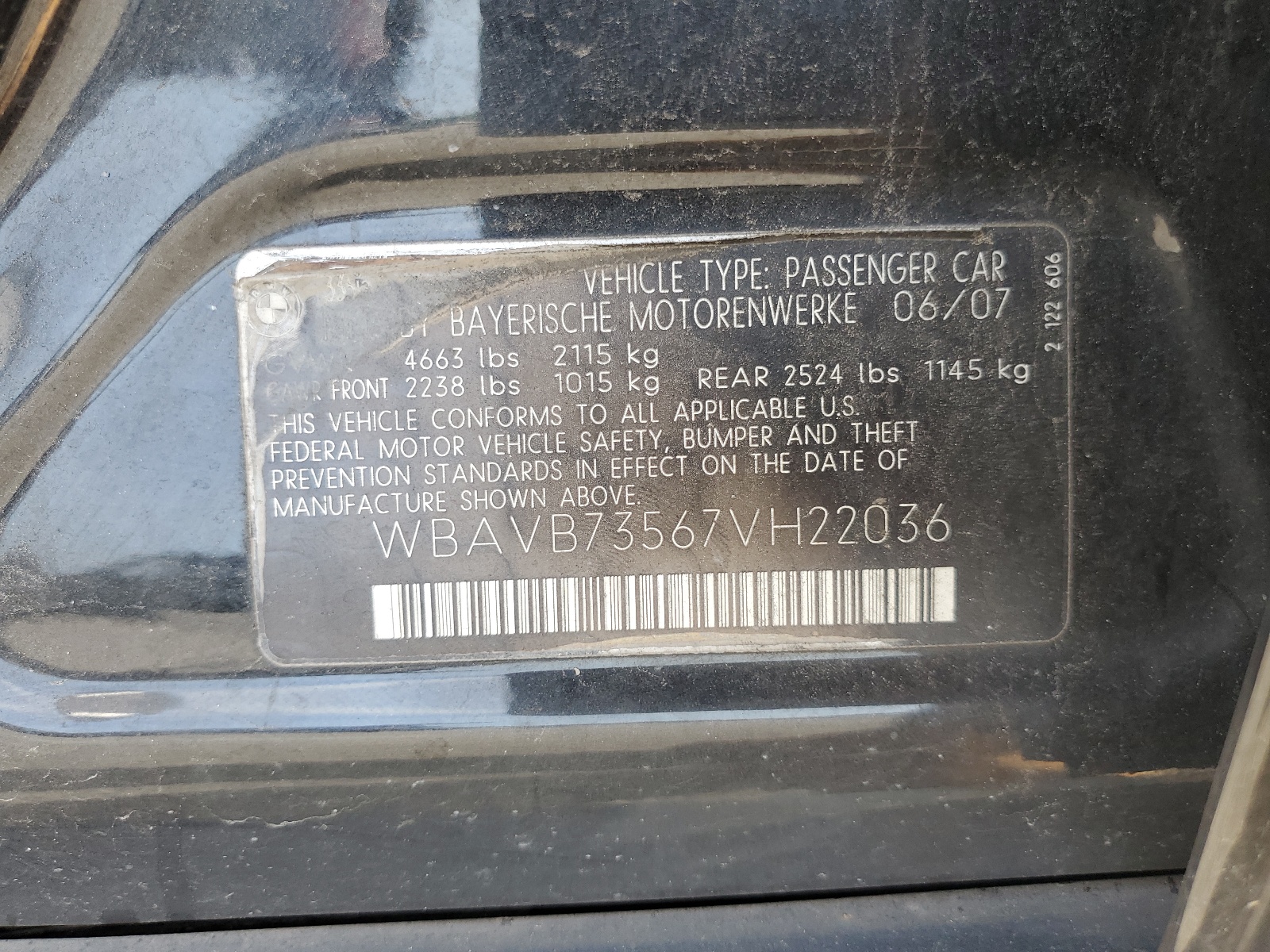 WBAVB73567VH22036 2007 BMW 335 I