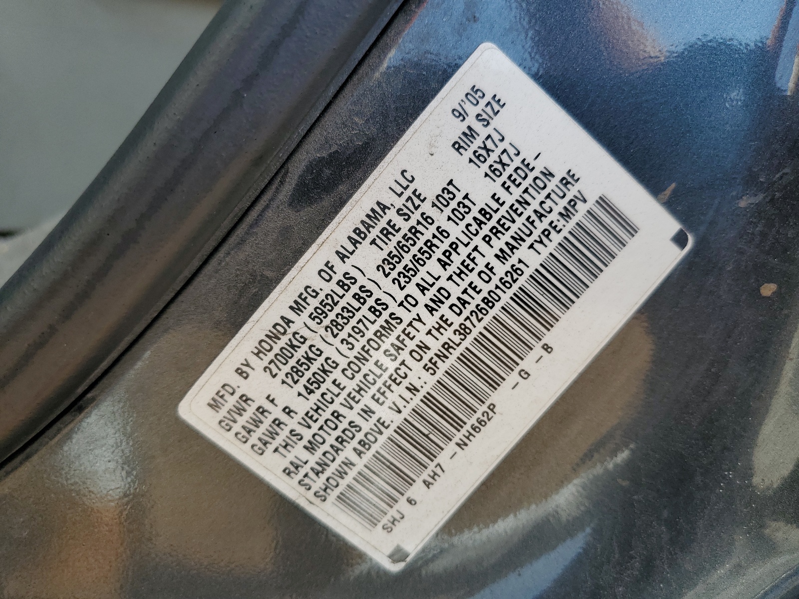 5FNRL38726B016261 2006 Honda Odyssey Exl