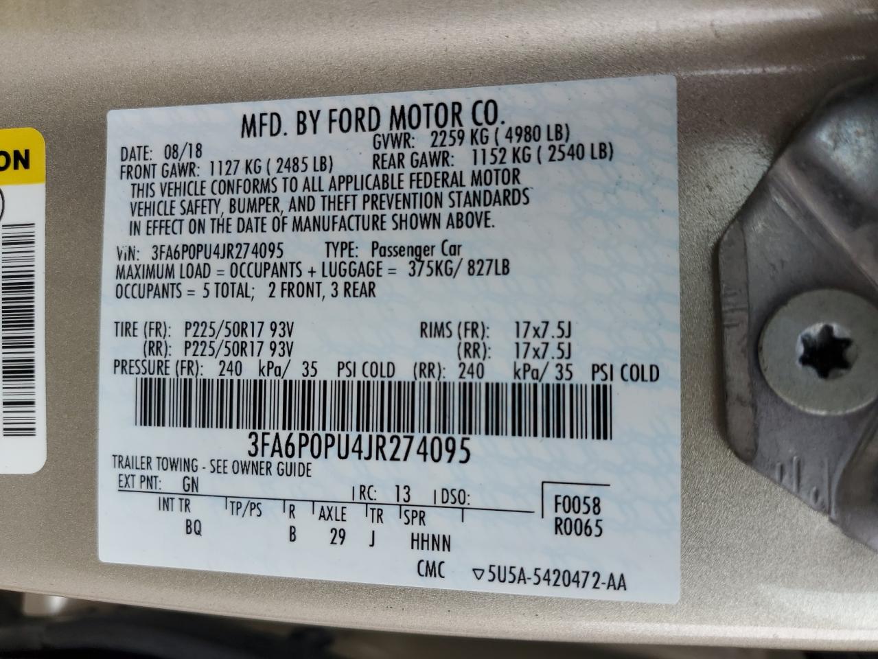 3FA6P0PU4JR274095 2018 Ford Fusion Se Phev