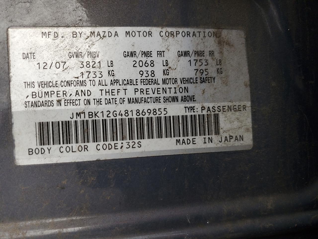 2008 Mazda 3 I VIN: JM1BK12G481869855 Lot: 67975684