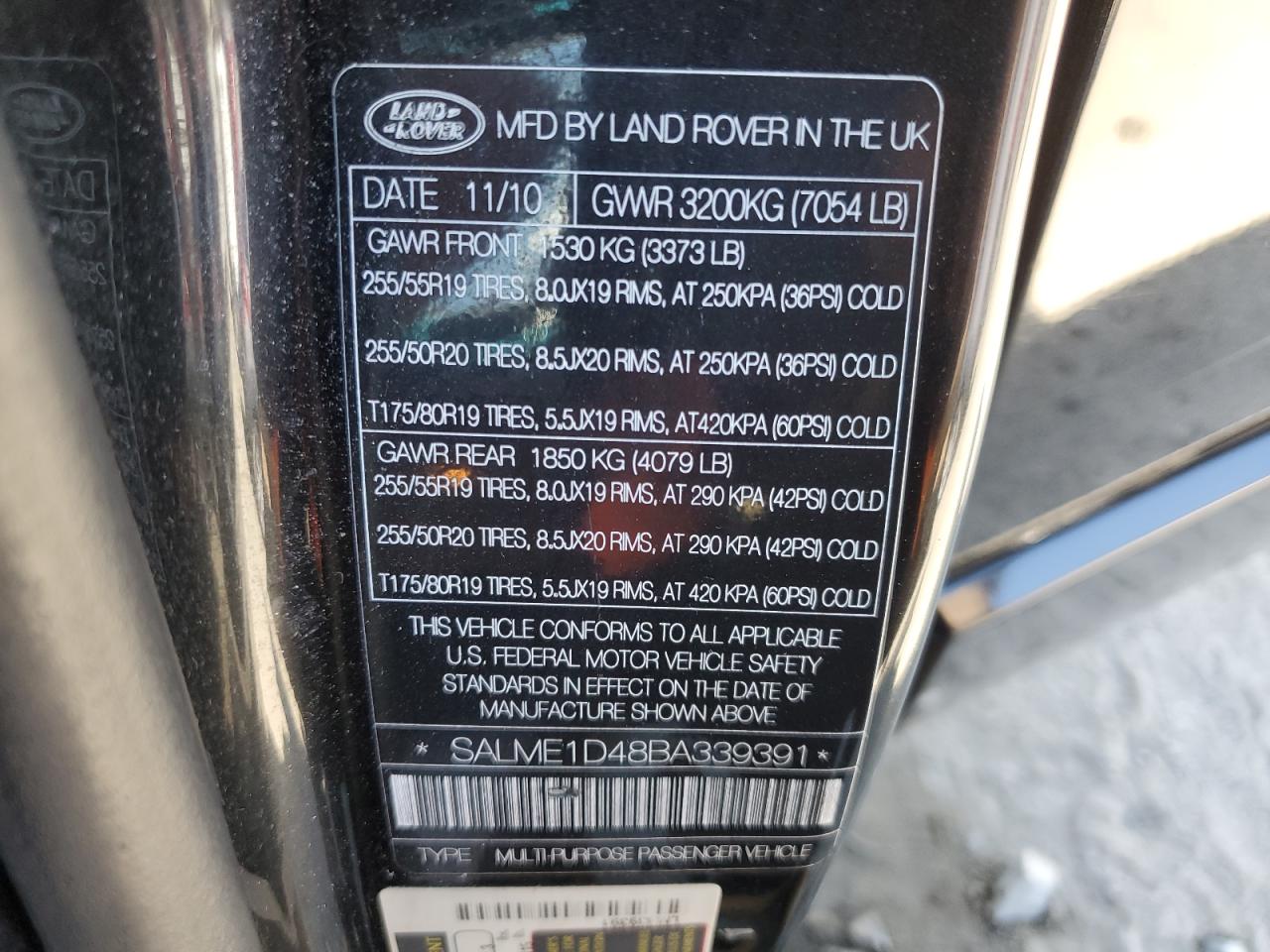 2011 Land Rover Range Rover Hse VIN: SALME1D48BA339391 Lot: 65418414