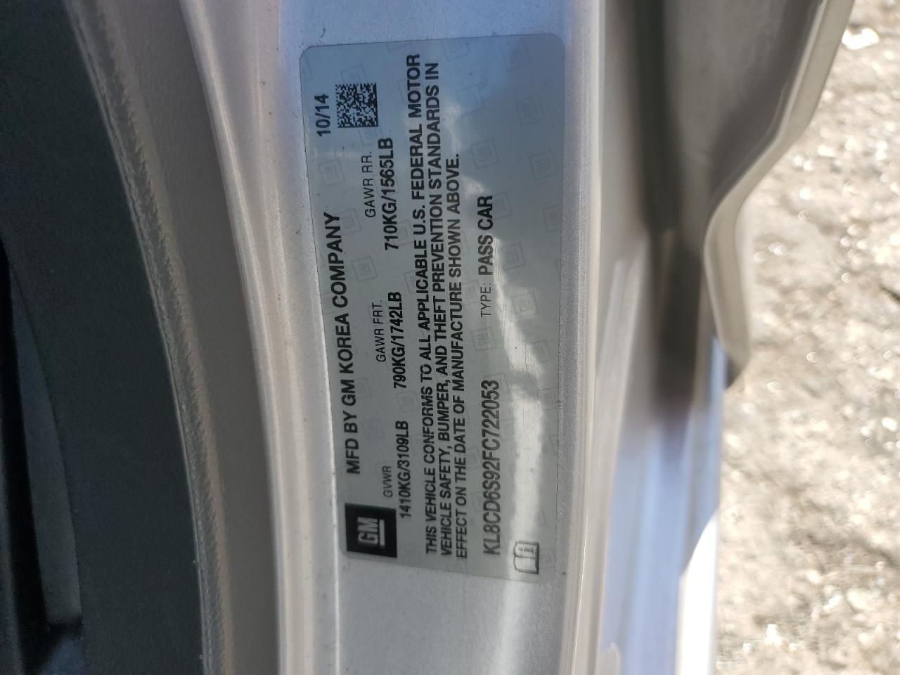 2015 Chevrolet Spark 1Lt VIN: KL8CD6S92FC722053 Lot: 66770834