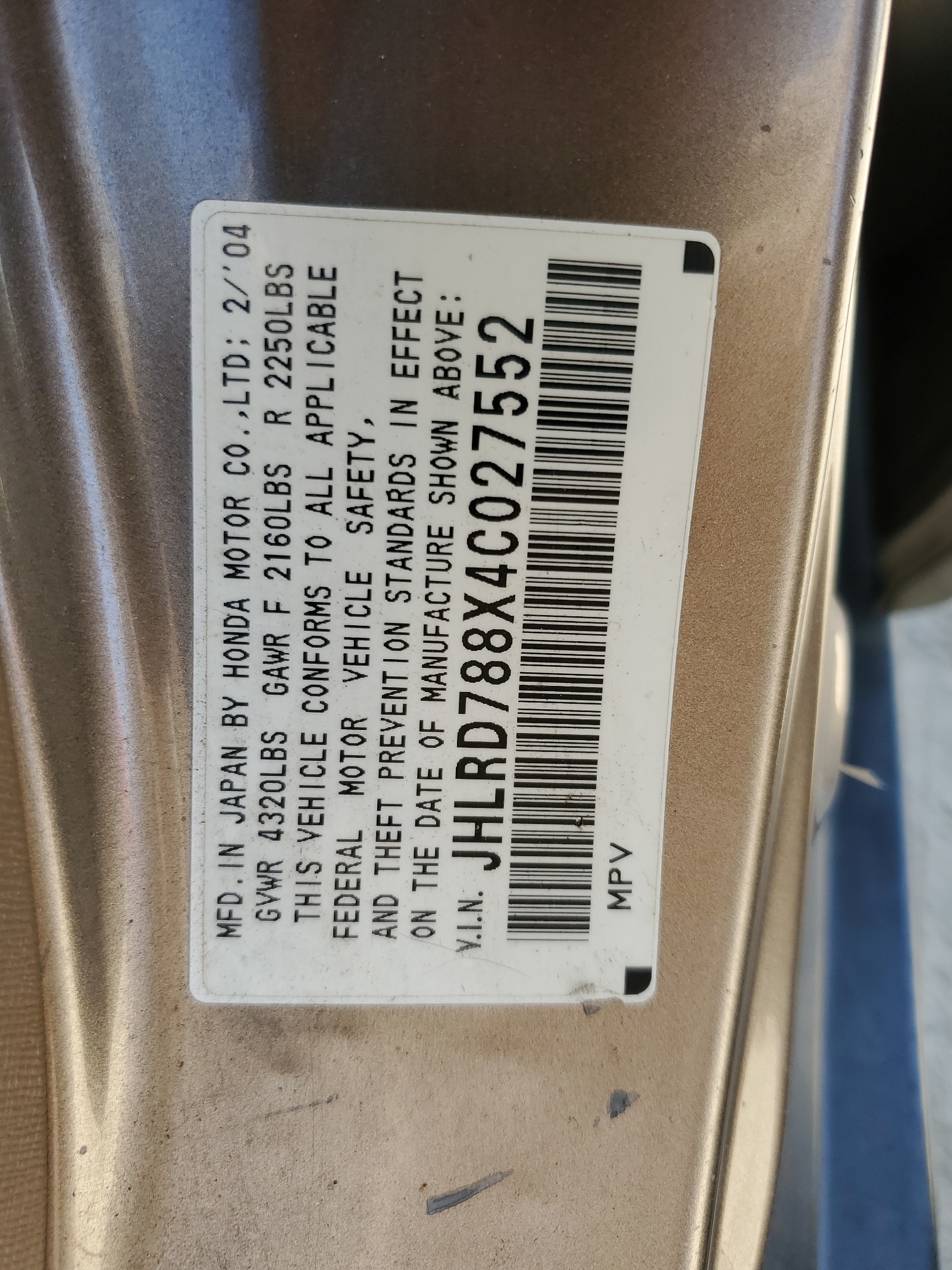 JHLRD788X4C027552 2004 Honda Cr-V Ex