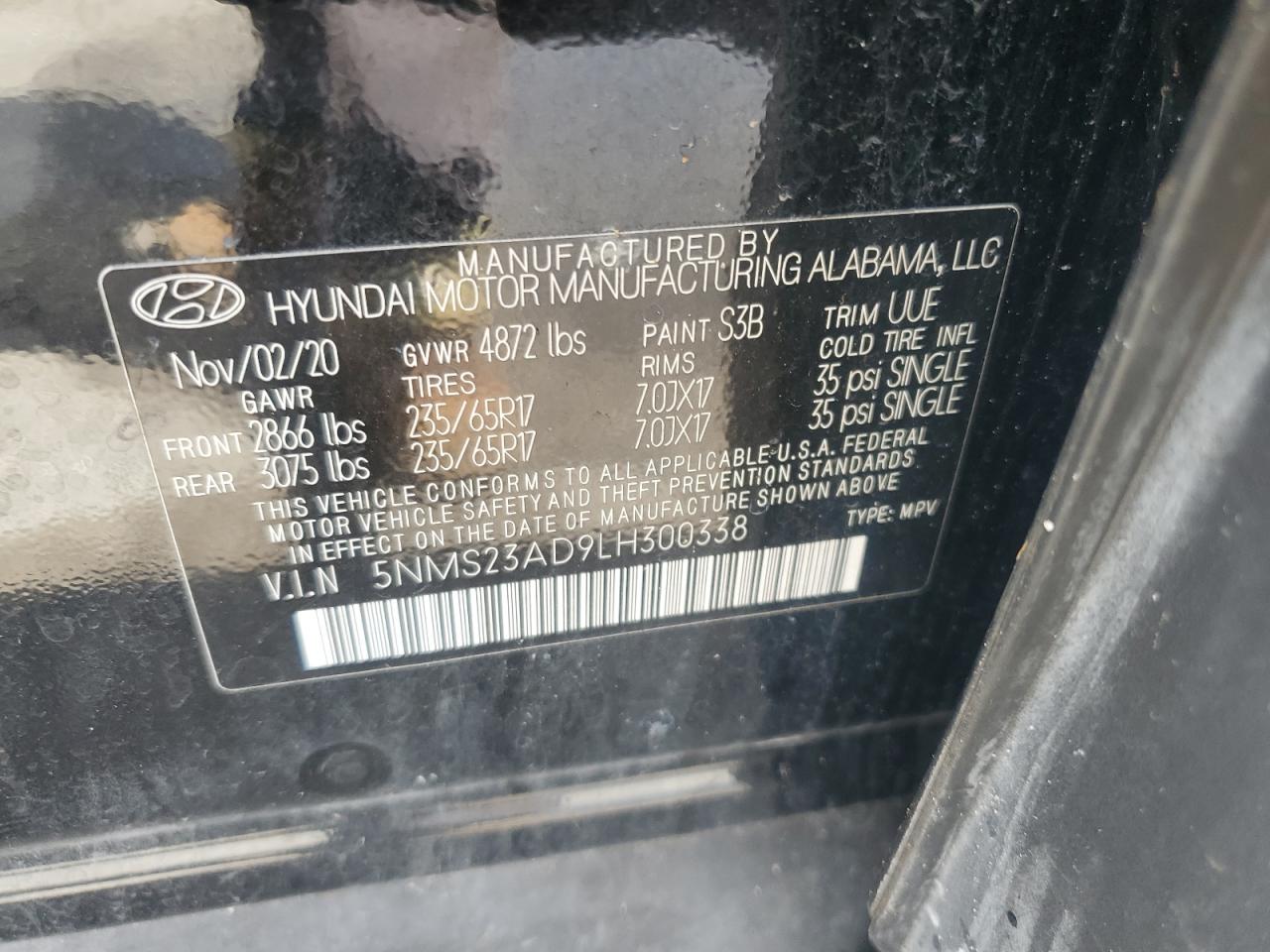 5NMS23AD9LH300338 2020 Hyundai Santa Fe Se