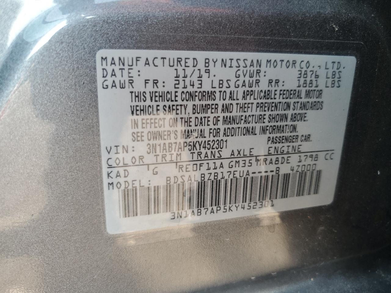 3N1AB7AP5KY452301 2019 Nissan Sentra S