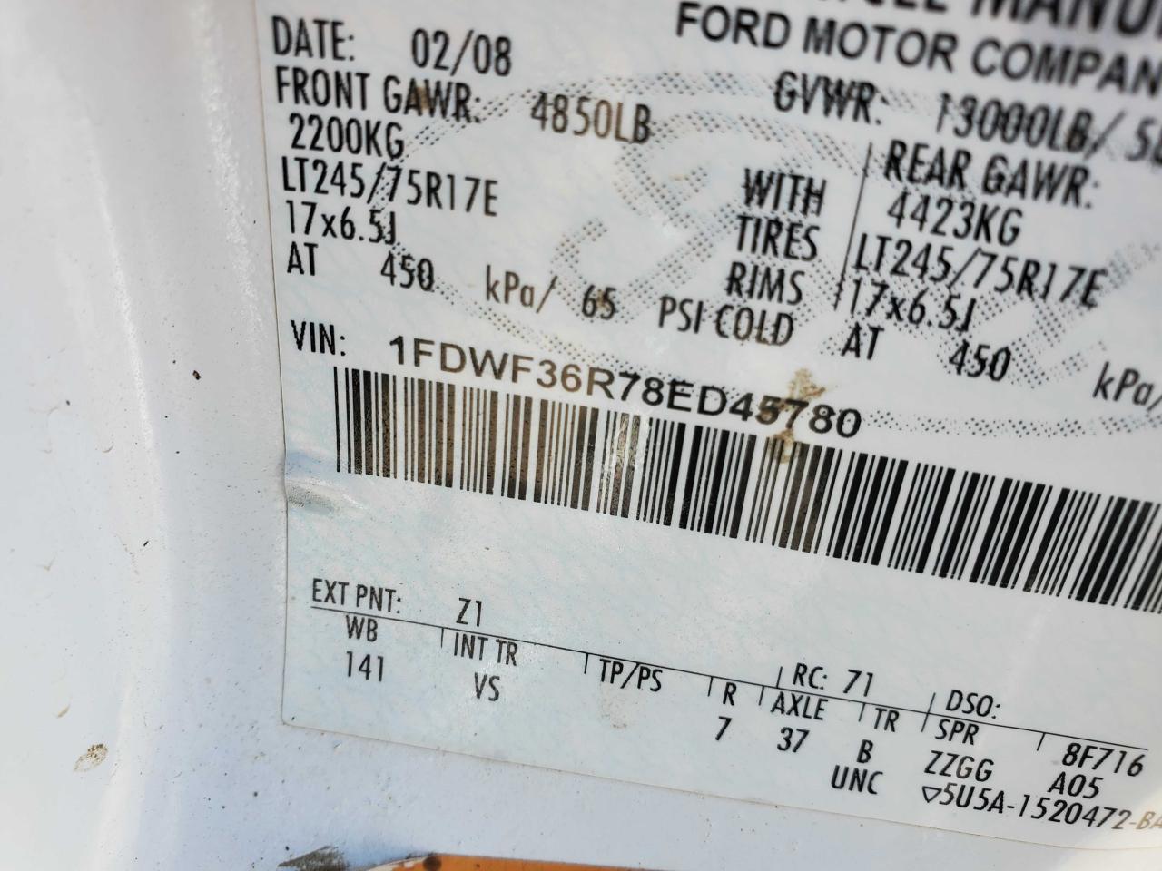 2008 Ford F350 Super Duty VIN: 1FDWF36R78ED45780 Lot: 66663214