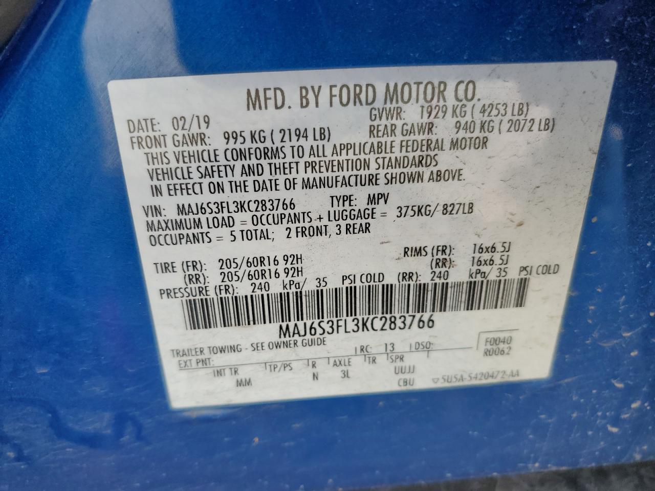 2019 Ford Ecosport S VIN: MAJ6S3FL3KC283766 Lot: 65869844