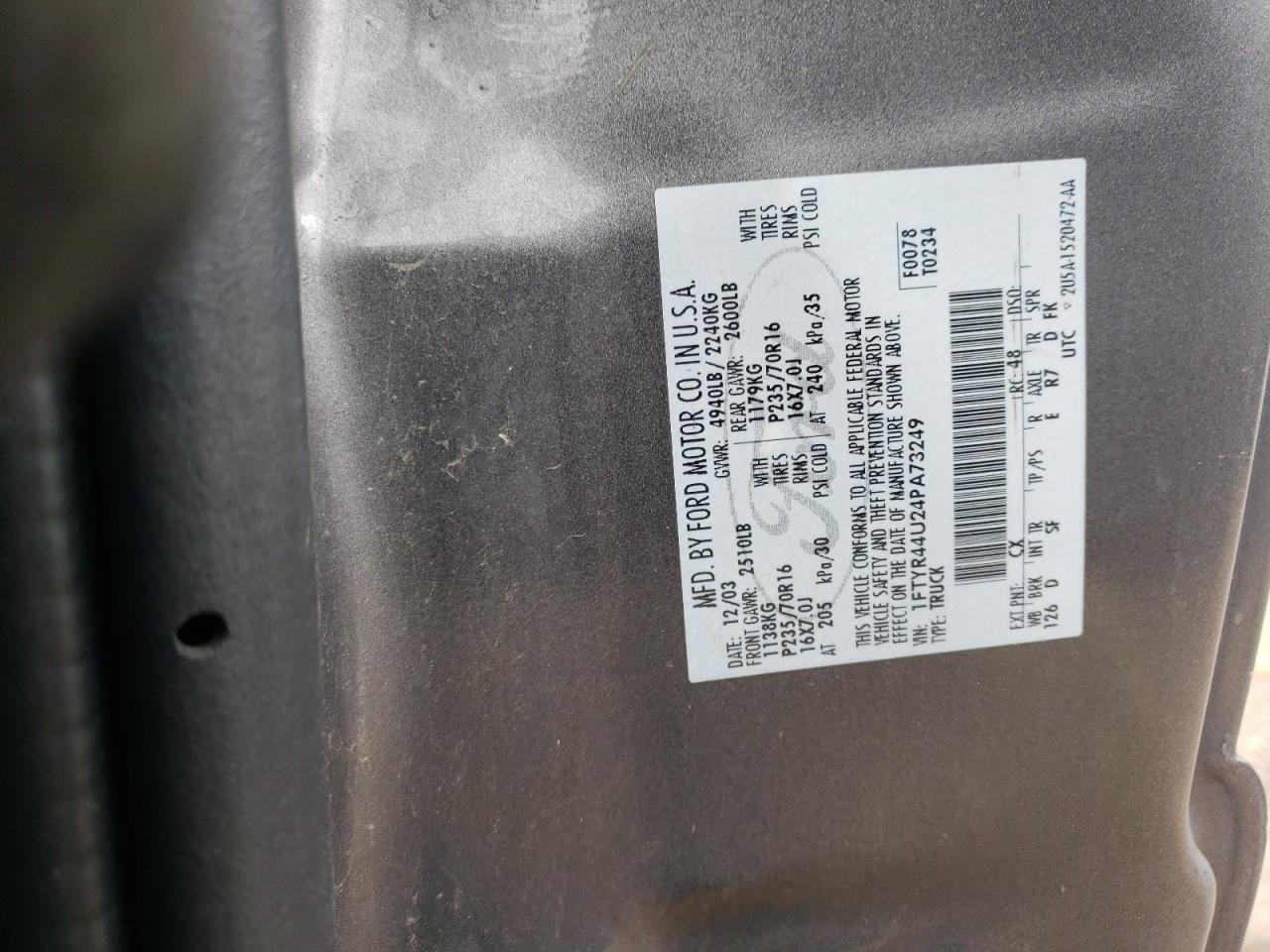 2004 Ford Ranger Super Cab VIN: 1FTYR44U24PA73249 Lot: 65438434