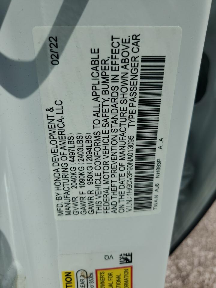2022 Honda Accord Touring Hybrid VIN: 1HGCV3F90NA013095 Lot: 65984464