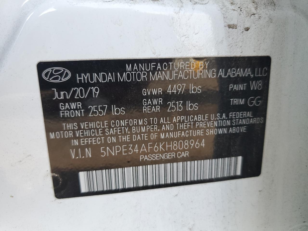 2019 Hyundai Sonata Limited VIN: 5NPE34AF6KH808964 Lot: 67362484