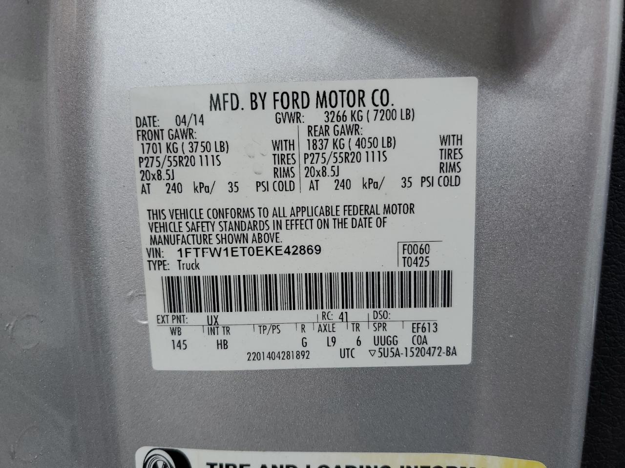 2014 Ford F150 Supercrew VIN: 1FTFW1ET0EKE42869 Lot: 66559564