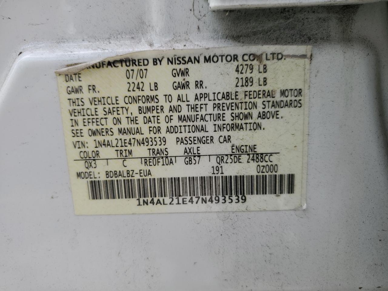 2007 Nissan Altima 2.5 VIN: 1N4AL21E47N493539 Lot: 66726194