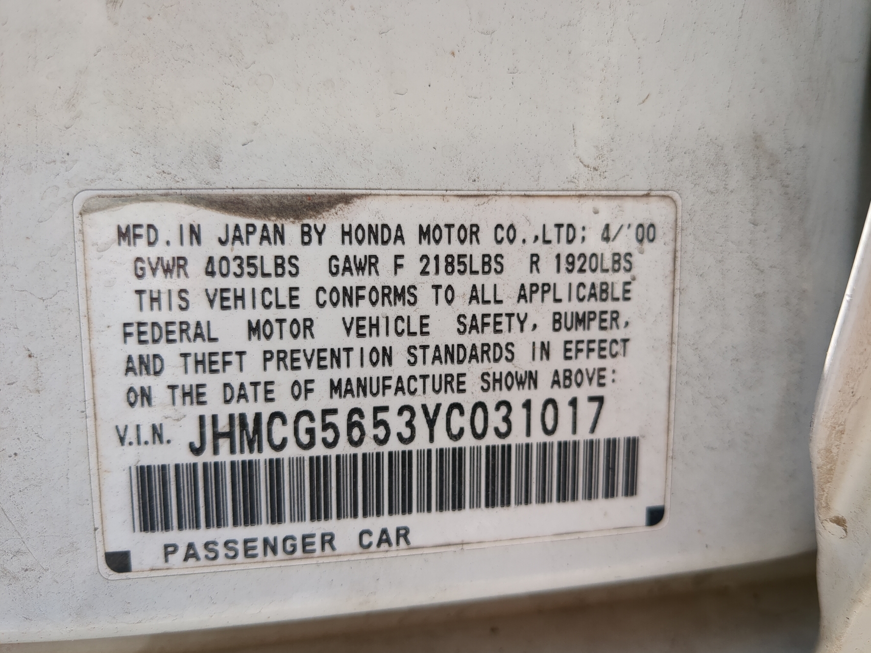 JHMCG5653YC031017 2000 Honda Accord Ex