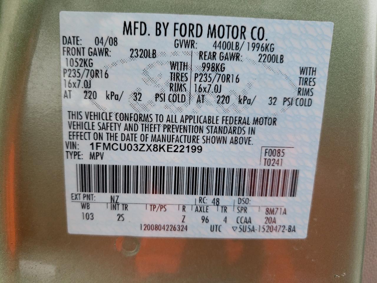 1FMCU03ZX8KE22199 2008 Ford Escape Xlt