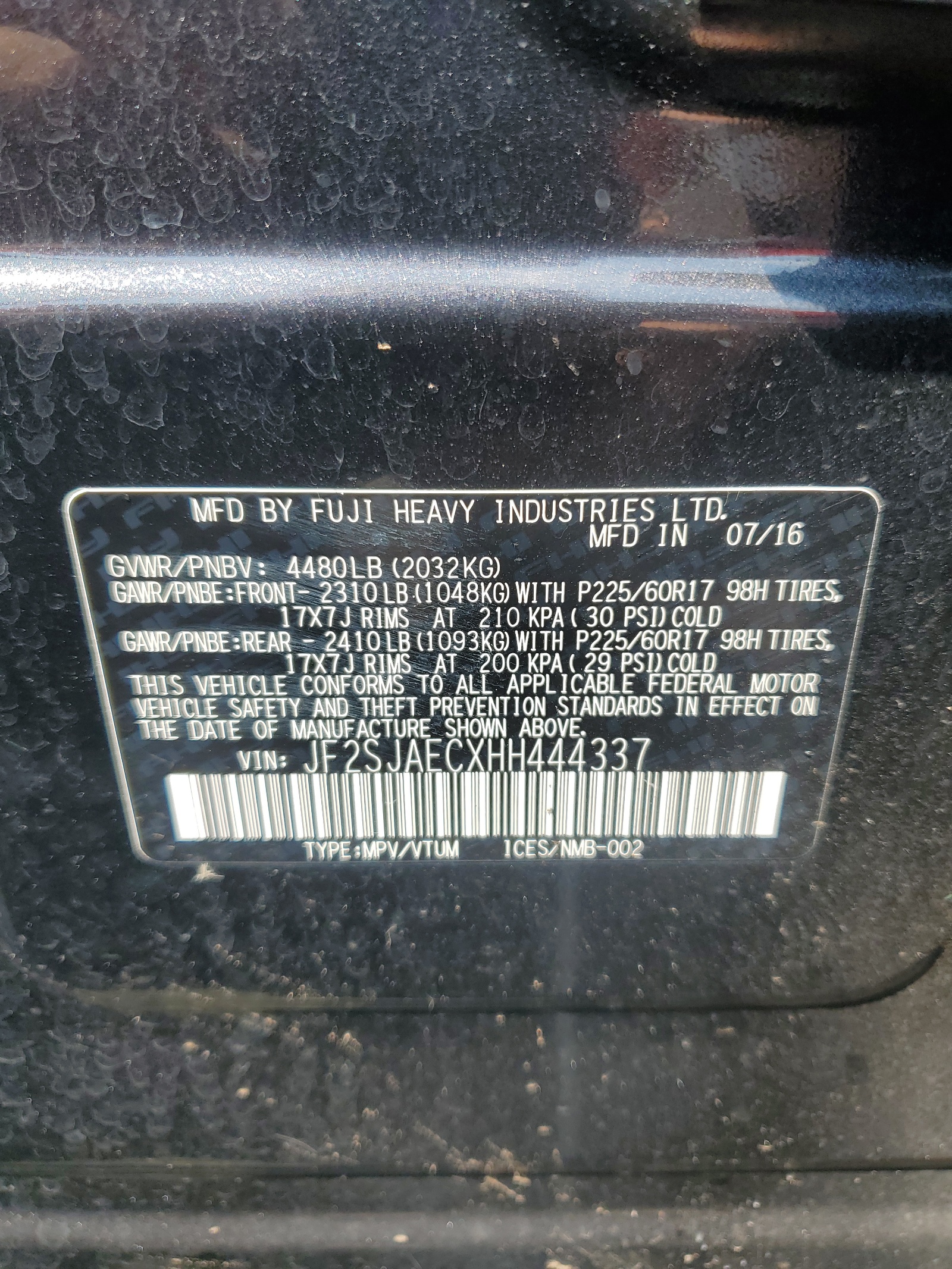 JF2SJAECXHH444337 2017 Subaru Forester 2.5I Premium