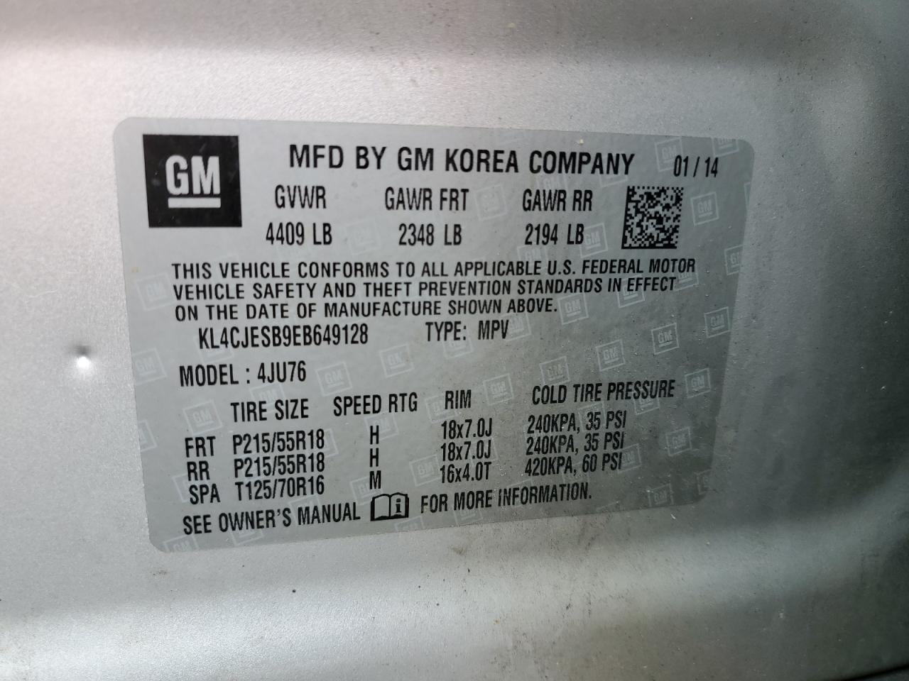 2014 Buick Encore VIN: KL4CJESB9EB649128 Lot: 66140794