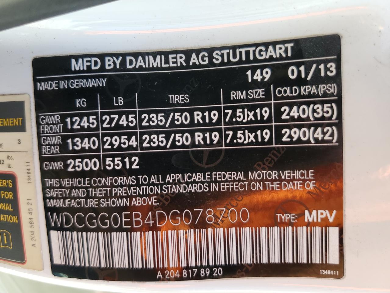 2013 Mercedes-Benz Glk 250 Bluetec VIN: WDCGG0EB4DG078700 Lot: 69298134