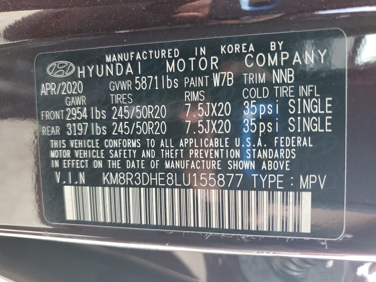 2020 Hyundai Palisade Sel VIN: KM8R3DHE8LU155877 Lot: 66524794