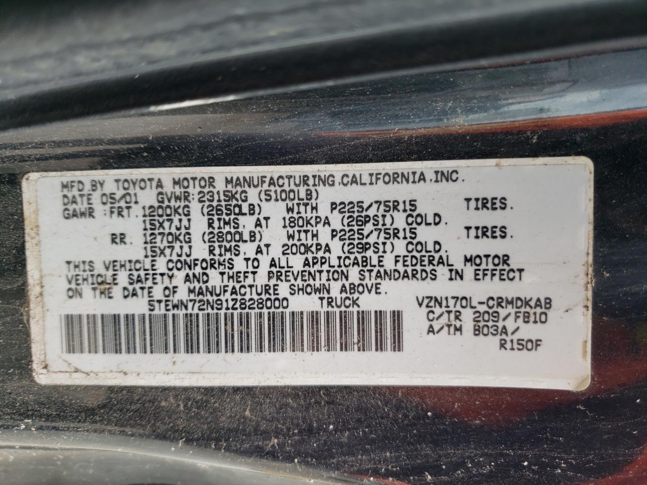 2001 Toyota Tacoma Xtracab VIN: 5TEWN72N91Z828000 Lot: 67146684