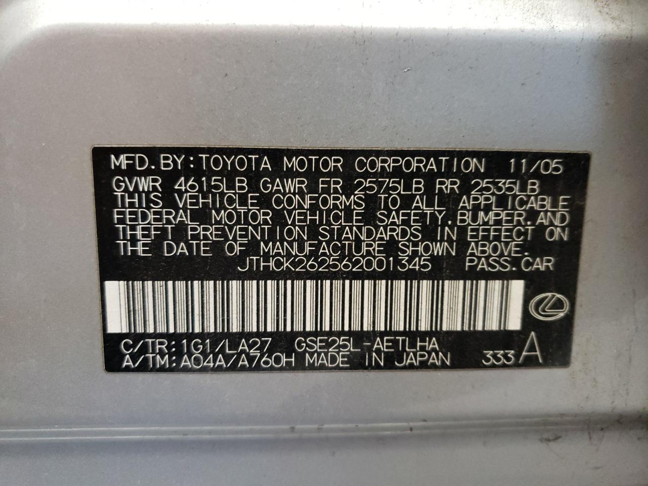 JTHCK262562001345 2006 Lexus Is 250