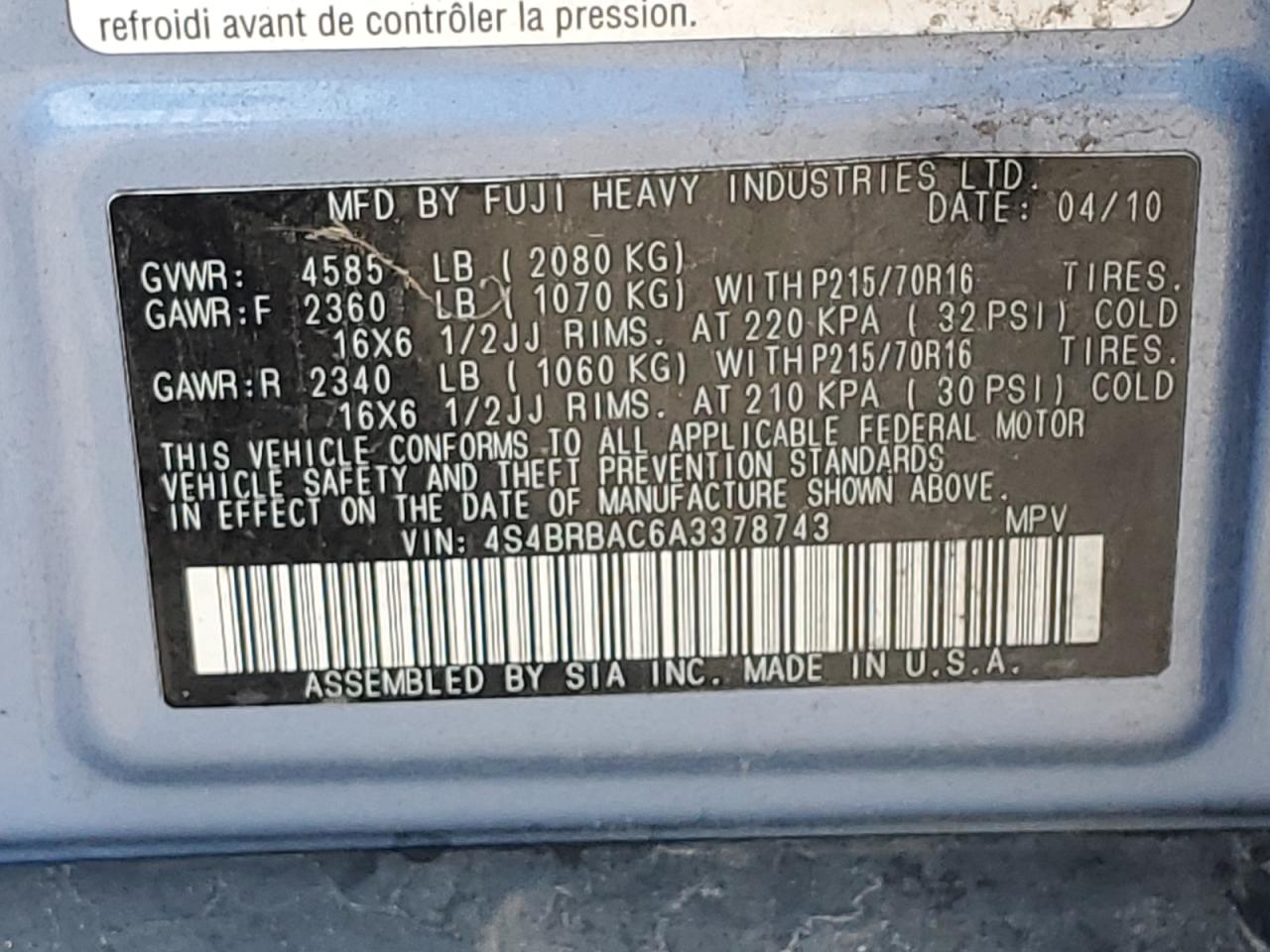 2010 Subaru Outback 2.5I VIN: 4S4BRBAC6A3378743 Lot: 65707014