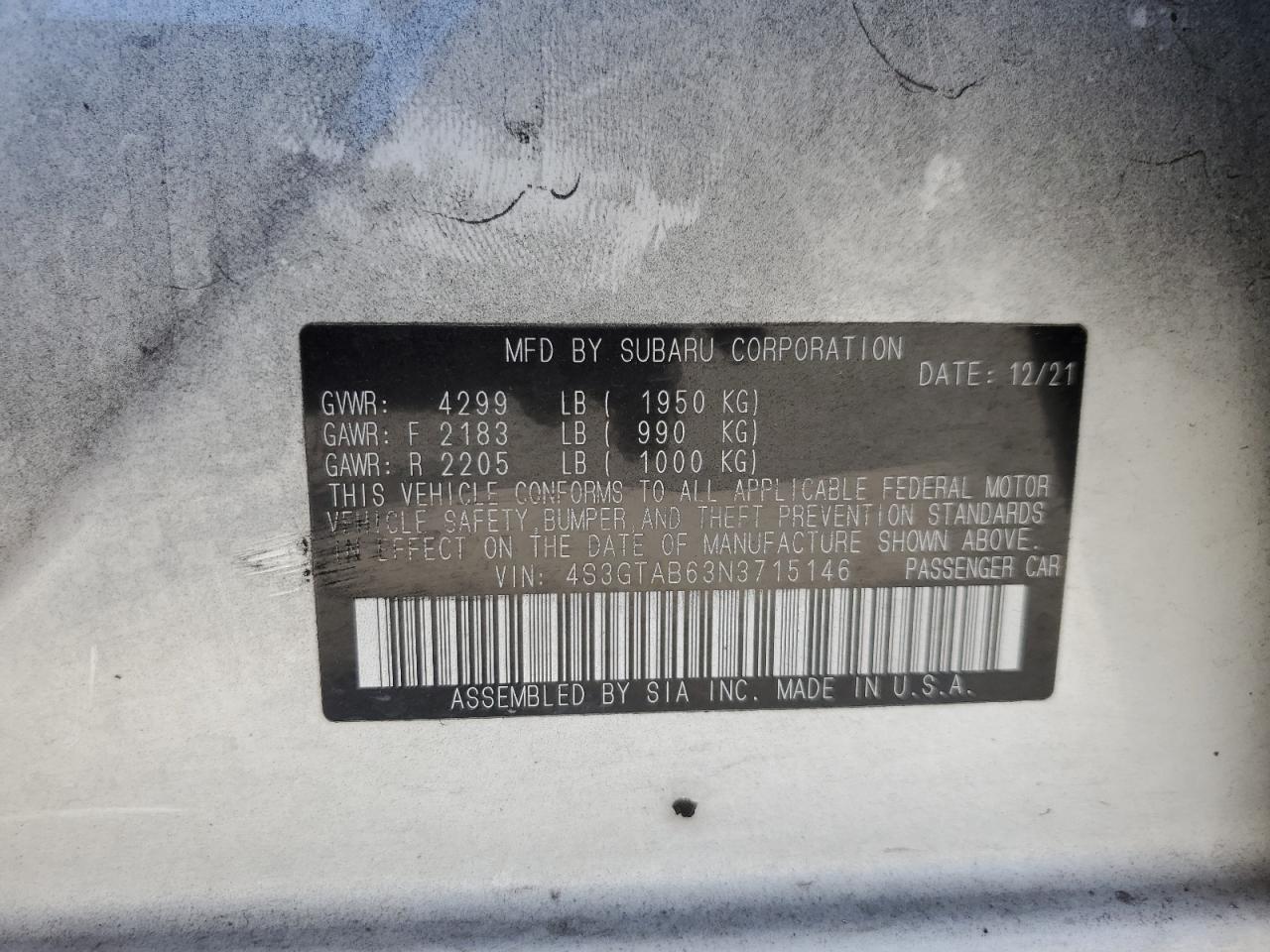 4S3GTAB63N3715146 2022 Subaru Impreza