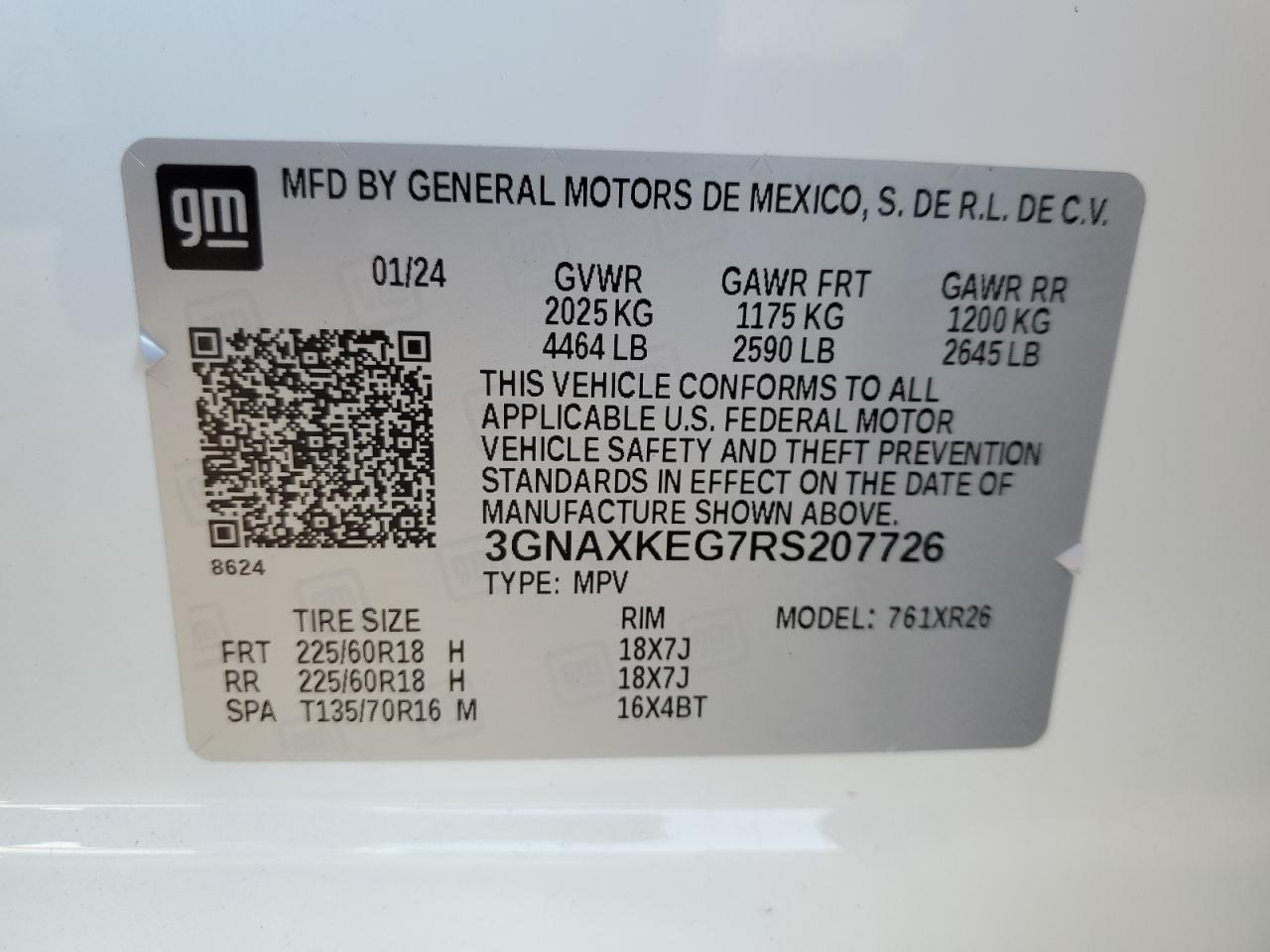 2024 Chevrolet Equinox Lt VIN: 3GNAXKEG7RS207726 Lot: 68555294