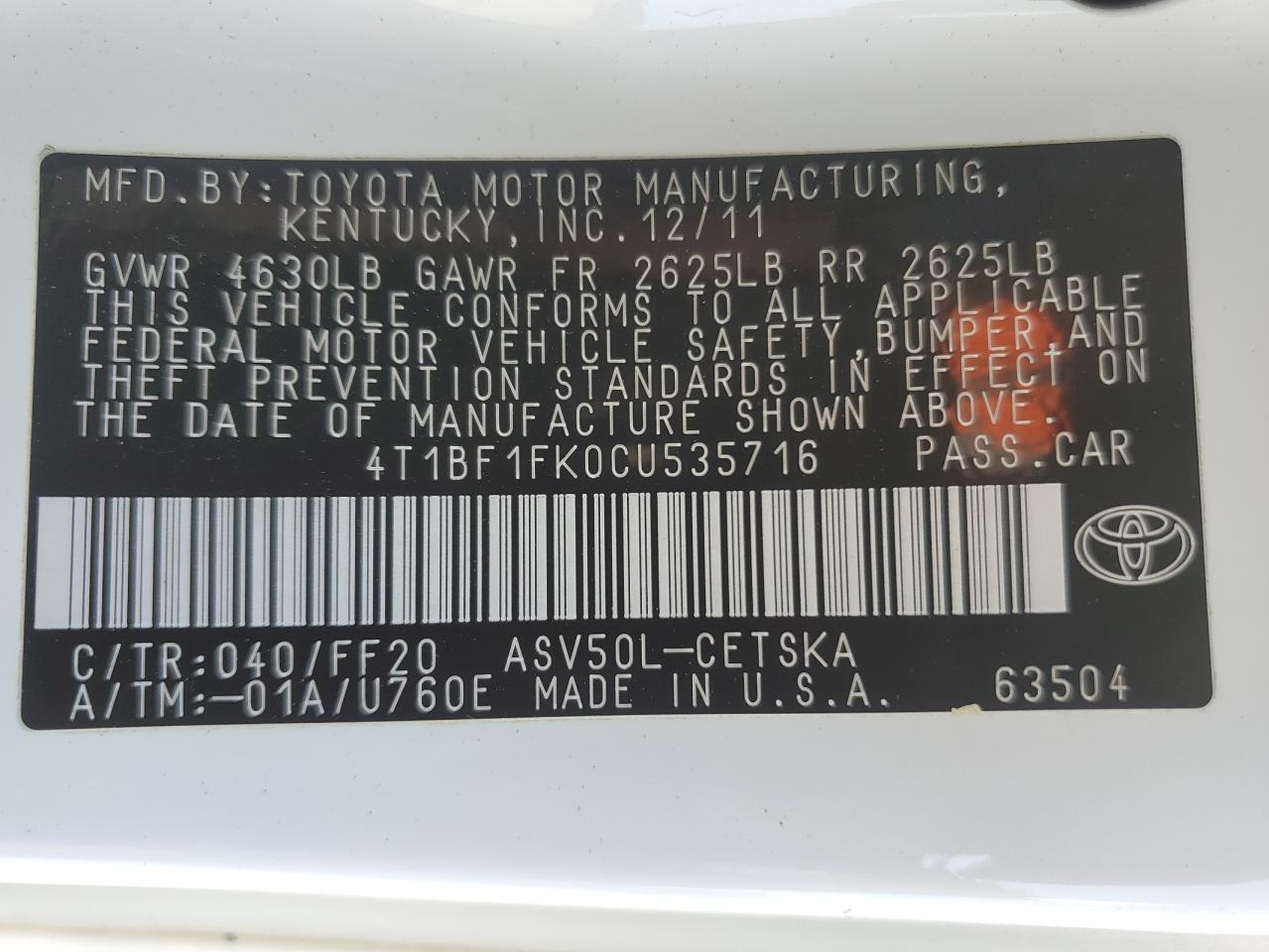 4T1BF1FK0CU535716 2012 Toyota Camry Base