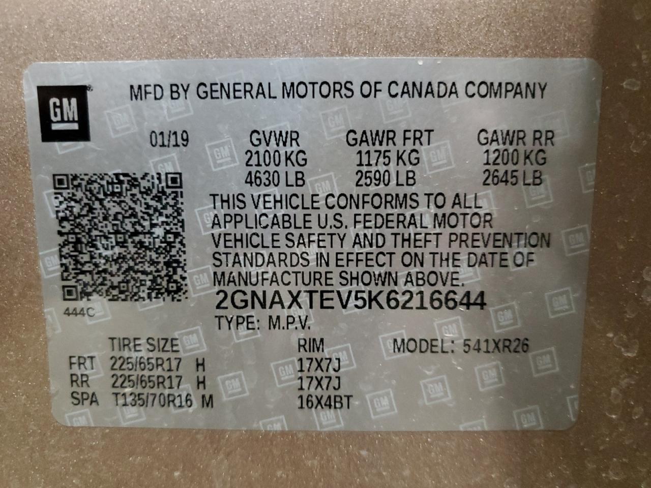 2019 Chevrolet Equinox Lt VIN: 2GNAXTEV5K6216644 Lot: 67312294