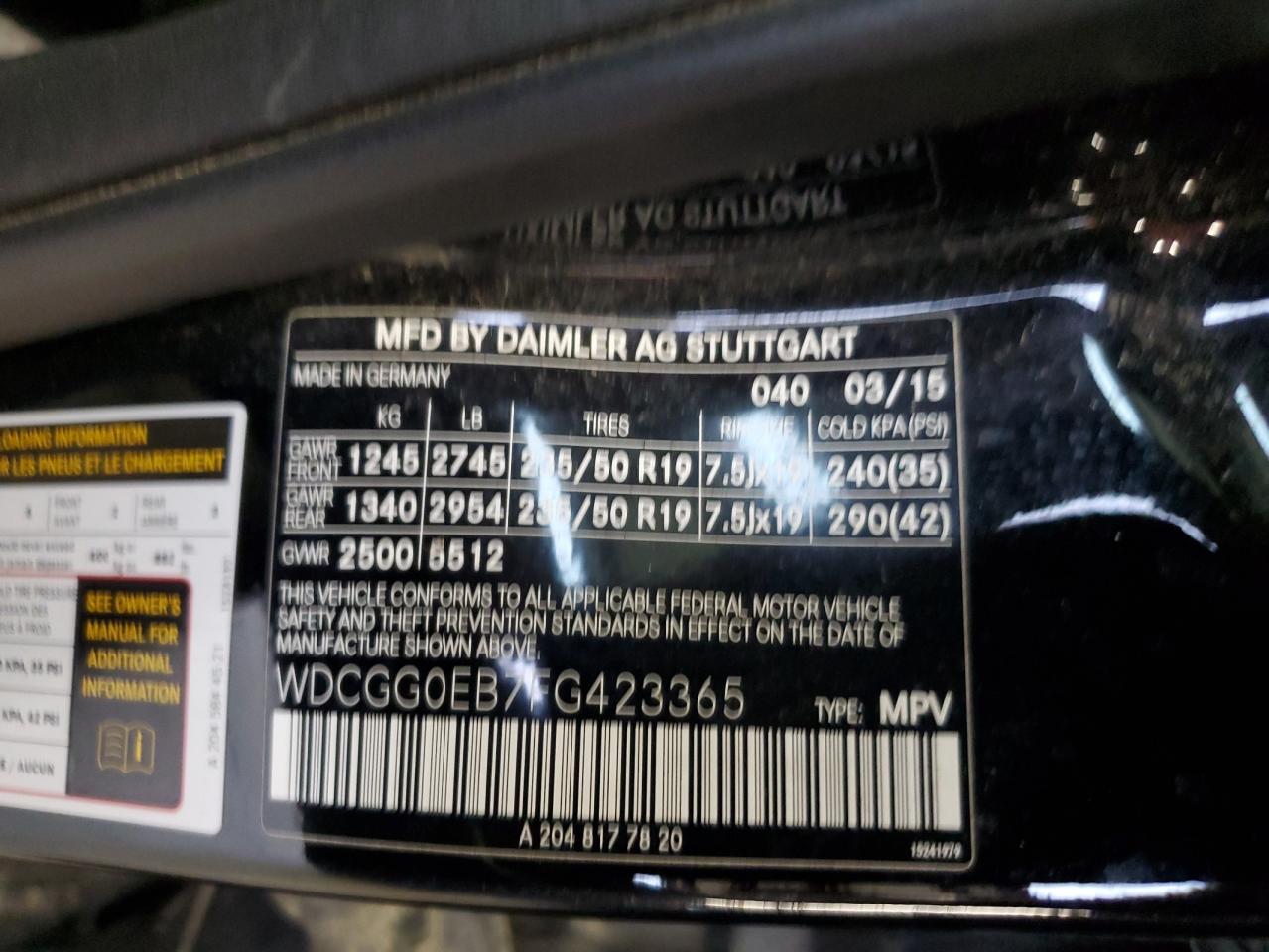 2015 Mercedes-Benz Glk 250 Bluetec VIN: WDCGG0EB7FG423365 Lot: 69264334