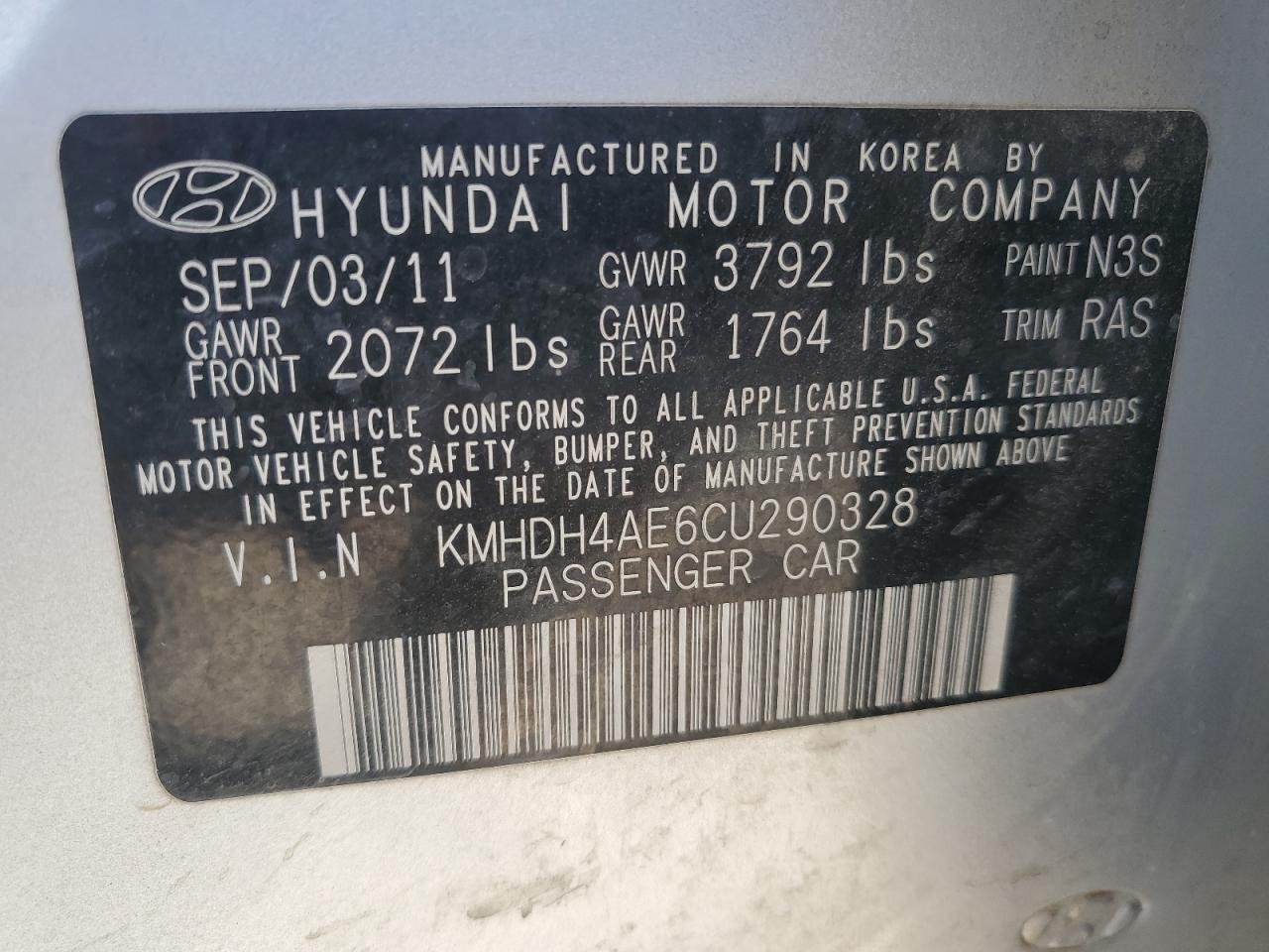 2012 Hyundai Elantra Gls VIN: KMHDH4AE6CU290328 Lot: 67571344
