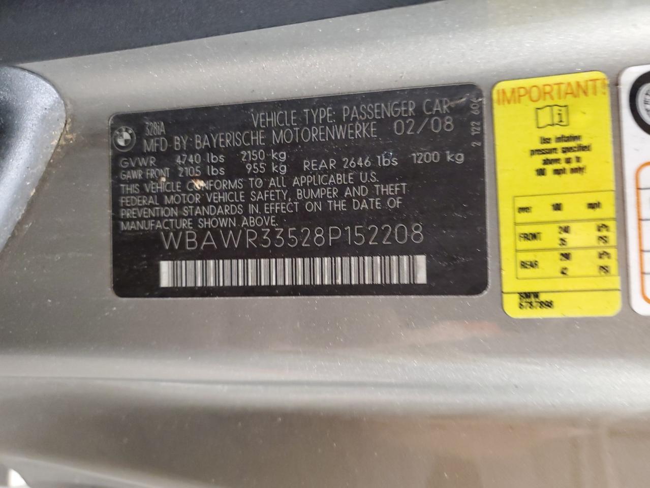 2008 BMW 328 I Sulev VIN: WBAWR33528P152208 Lot: 65524184