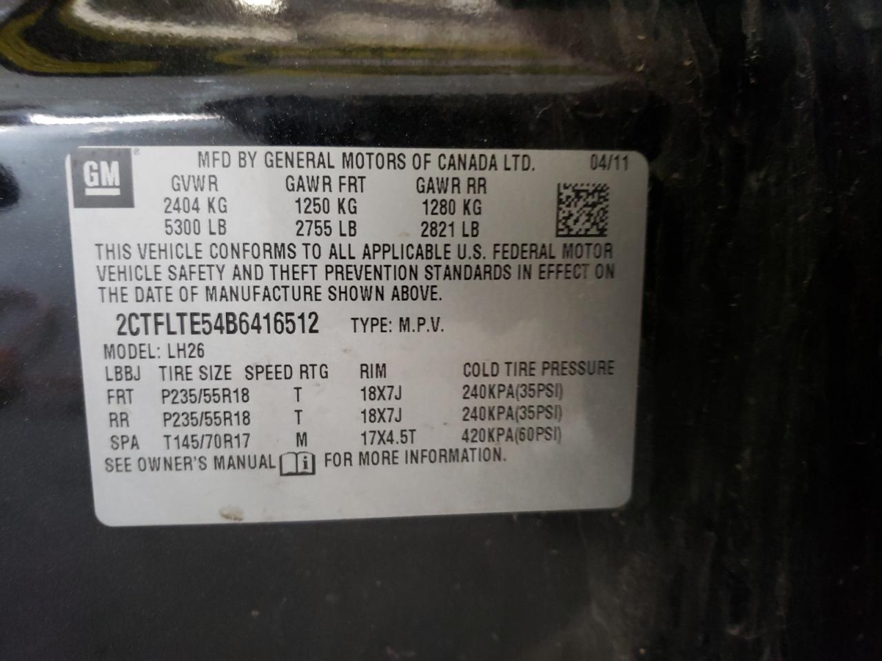 2011 GMC Terrain Sle VIN: 2CTFLTE54B6416512 Lot: 66905924