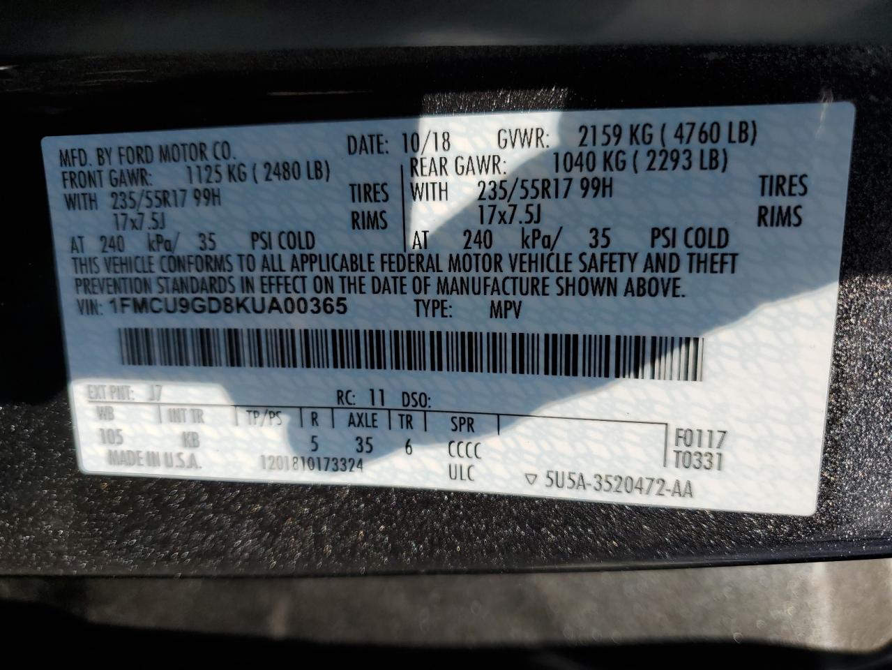 2019 Ford Escape Se VIN: 1FMCU9GD8KUA00365 Lot: 66944914