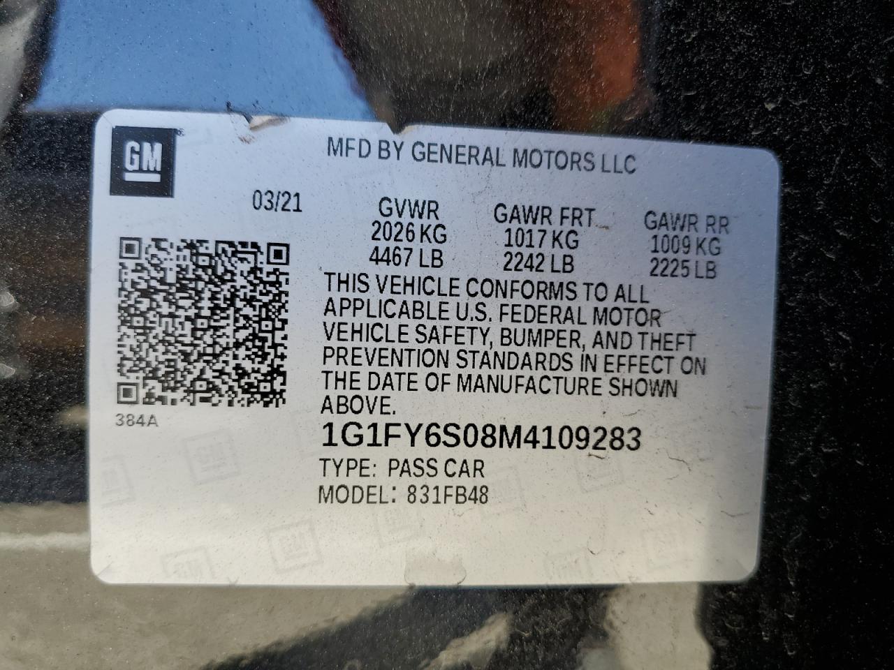 1G1FY6S08M4109283 2021 Chevrolet Bolt Ev Lt