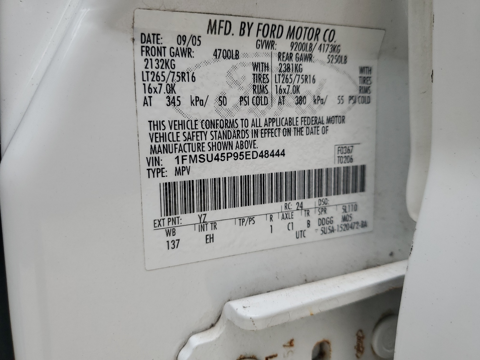 1FMSU45P95ED48444 2005 Ford Excursion Eddie Bauer