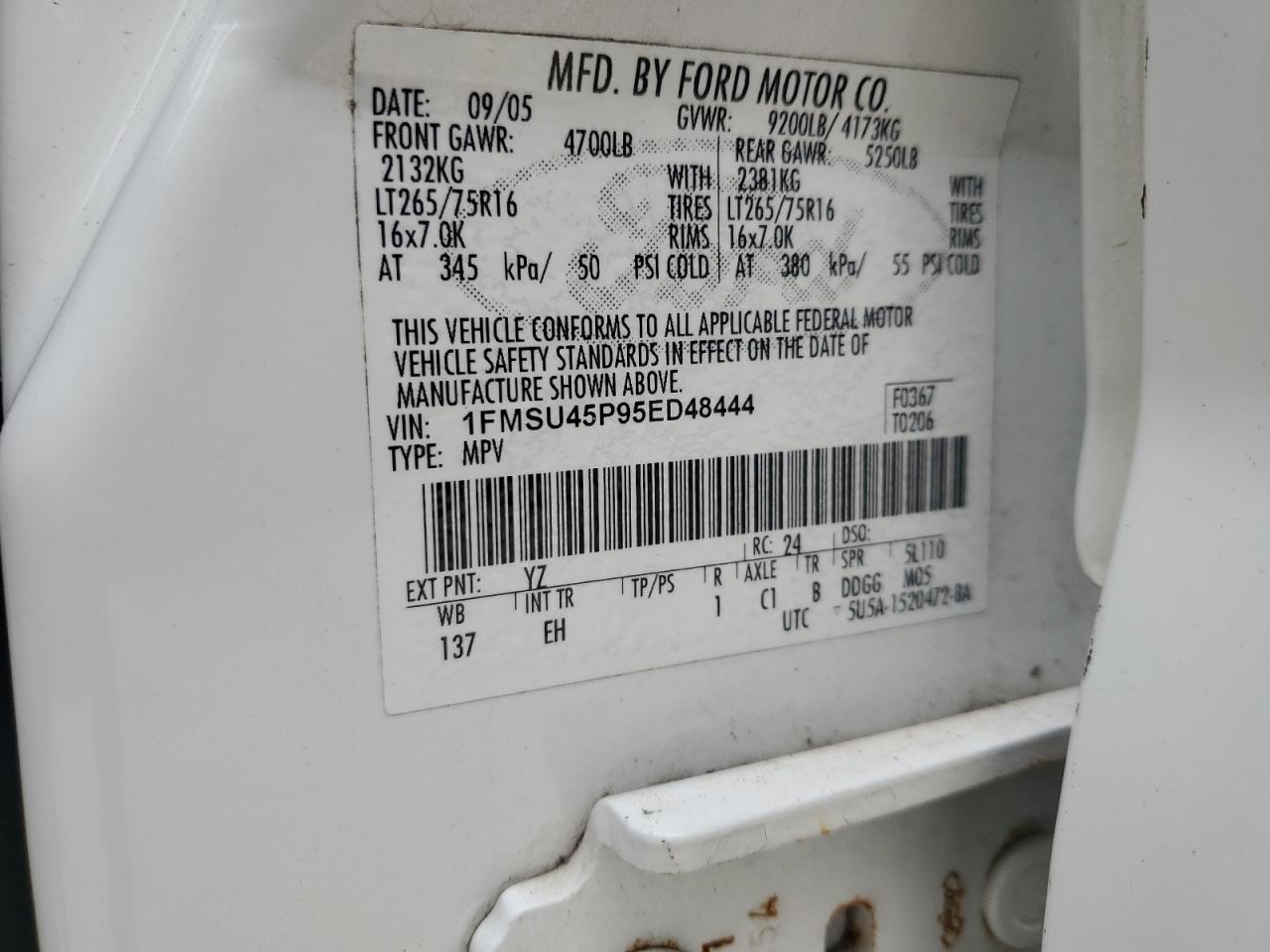 2005 Ford Excursion Eddie Bauer VIN: 1FMSU45P95ED48444 Lot: 65393154