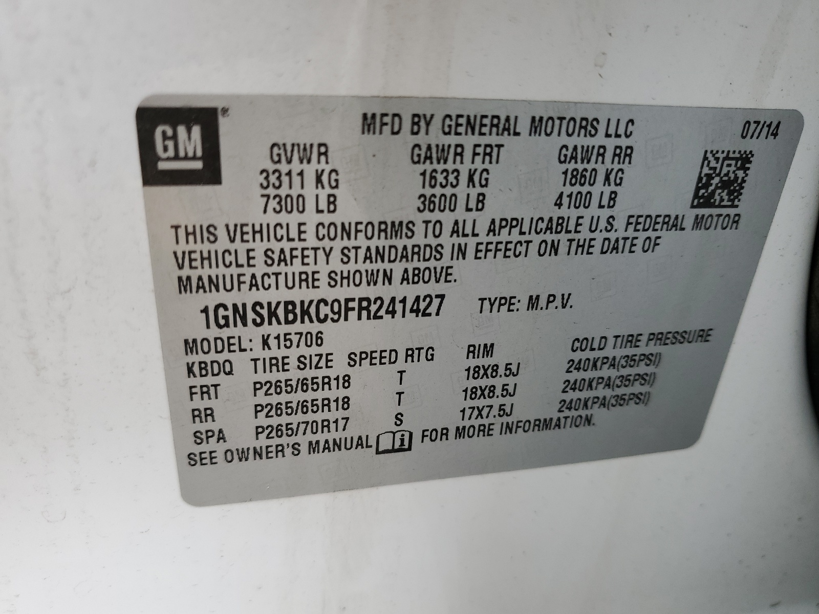 1GNSKBKC9FR241427 2015 Chevrolet Tahoe K1500 Lt 1GNSKBKC9FR241427 2015 Chevrolet Tahoe K1500 Lt