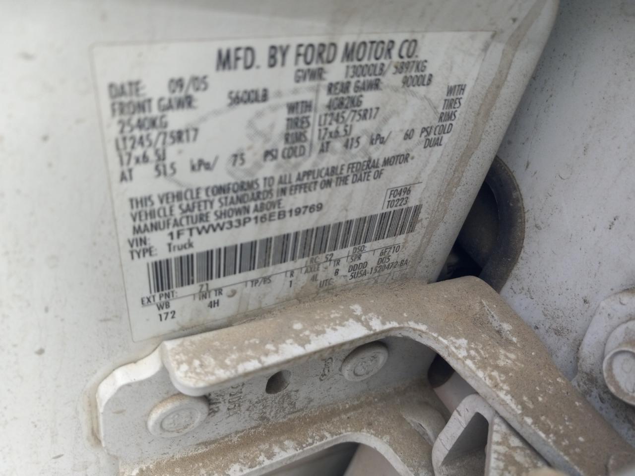 2006 Ford F350 Super Duty VIN: 1FTWW33P16EB19769 Lot: 62064804