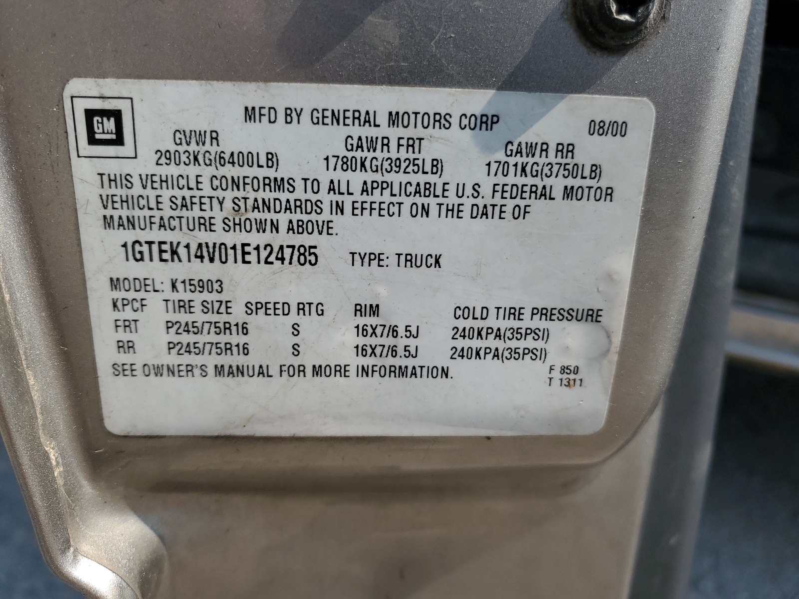 1GTEK14V01E124785 2001 GMC New Sierra K1500