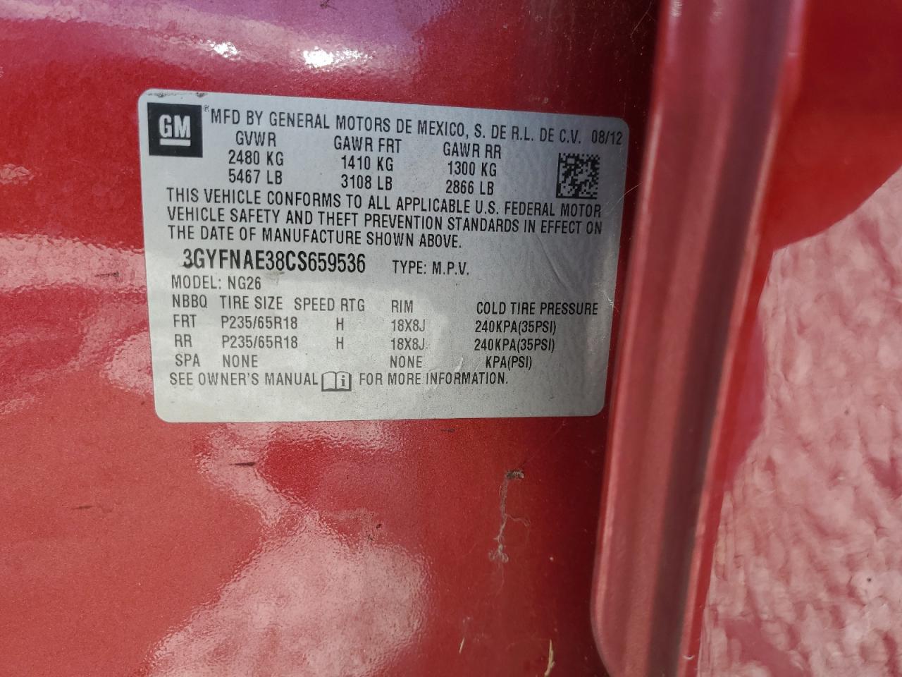 2012 Cadillac Srx Luxury Collection VIN: 3GYFNAE38CS659536 Lot: 65525774