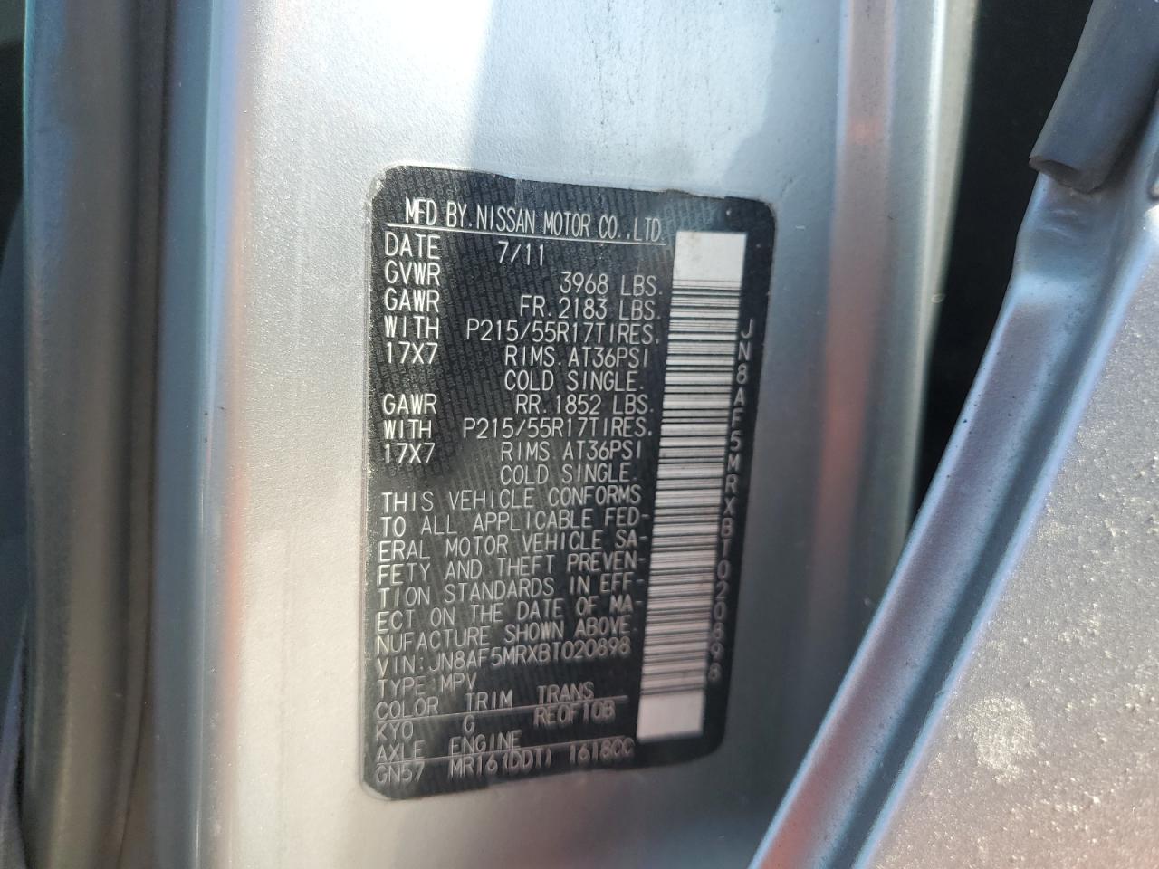 2011 Nissan Juke S VIN: JN8AF5MRXBT020898 Lot: 67880194