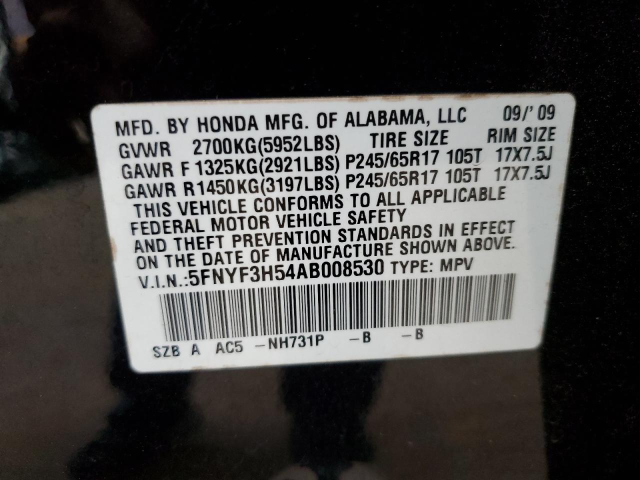 2010 Honda Pilot Exl VIN: 5FNYF3H54AB008530 Lot: 67089514