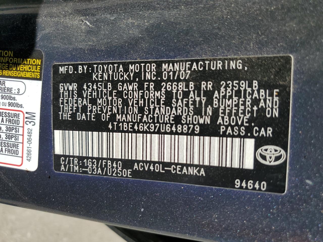 4T1BE46K97U648879 2007 Toyota Camry Ce