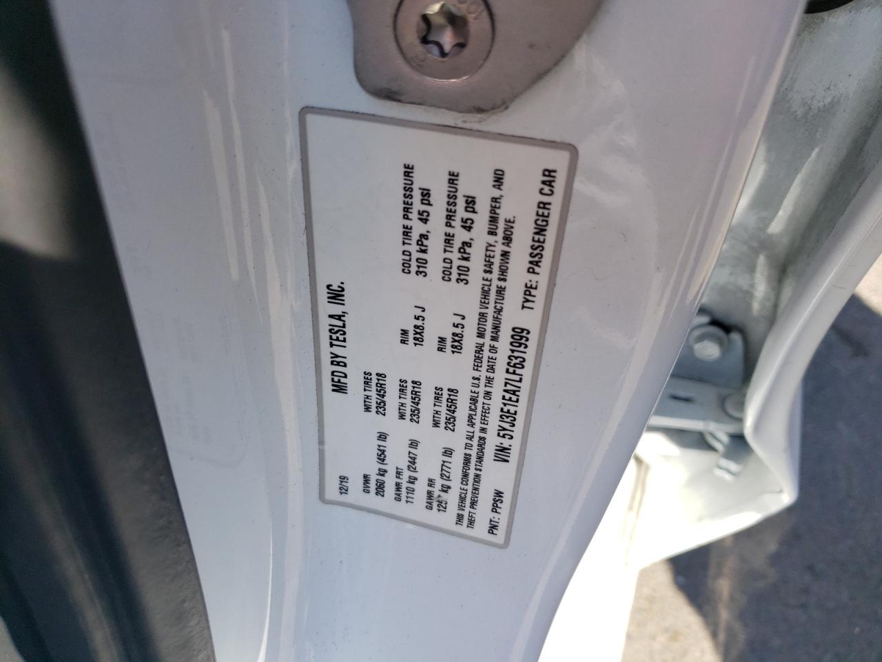 2020 Tesla Model 3 VIN: 5YJ3E1EA7LF631999 Lot: 68130634