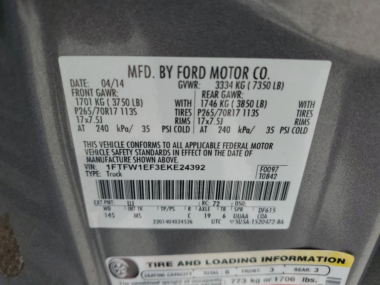 2014 Ford F150 Supercrew VIN: 1FTFW1EF3EKE24392 Lot: 67701554