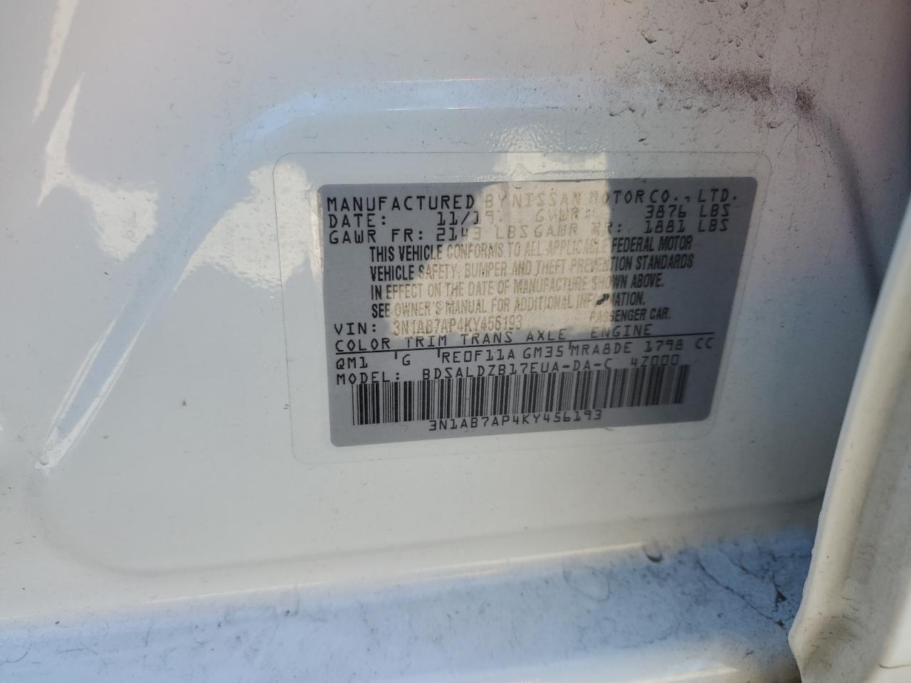 3N1AB7AP4KY456193 2019 Nissan Sentra S