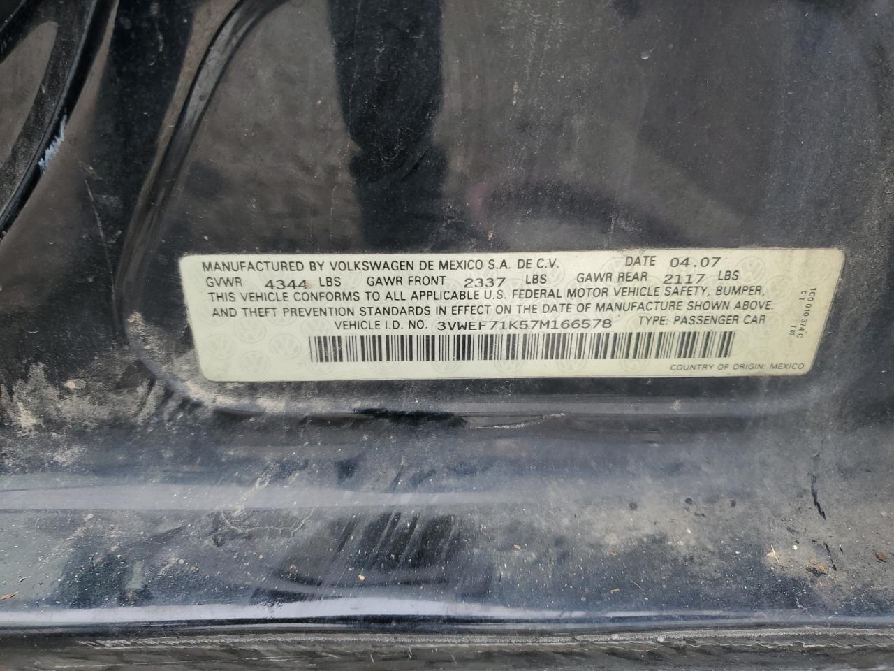 2007 Volkswagen Jetta Wolfsburg VIN: 3VWEF71K57M166578 Lot: 67826174