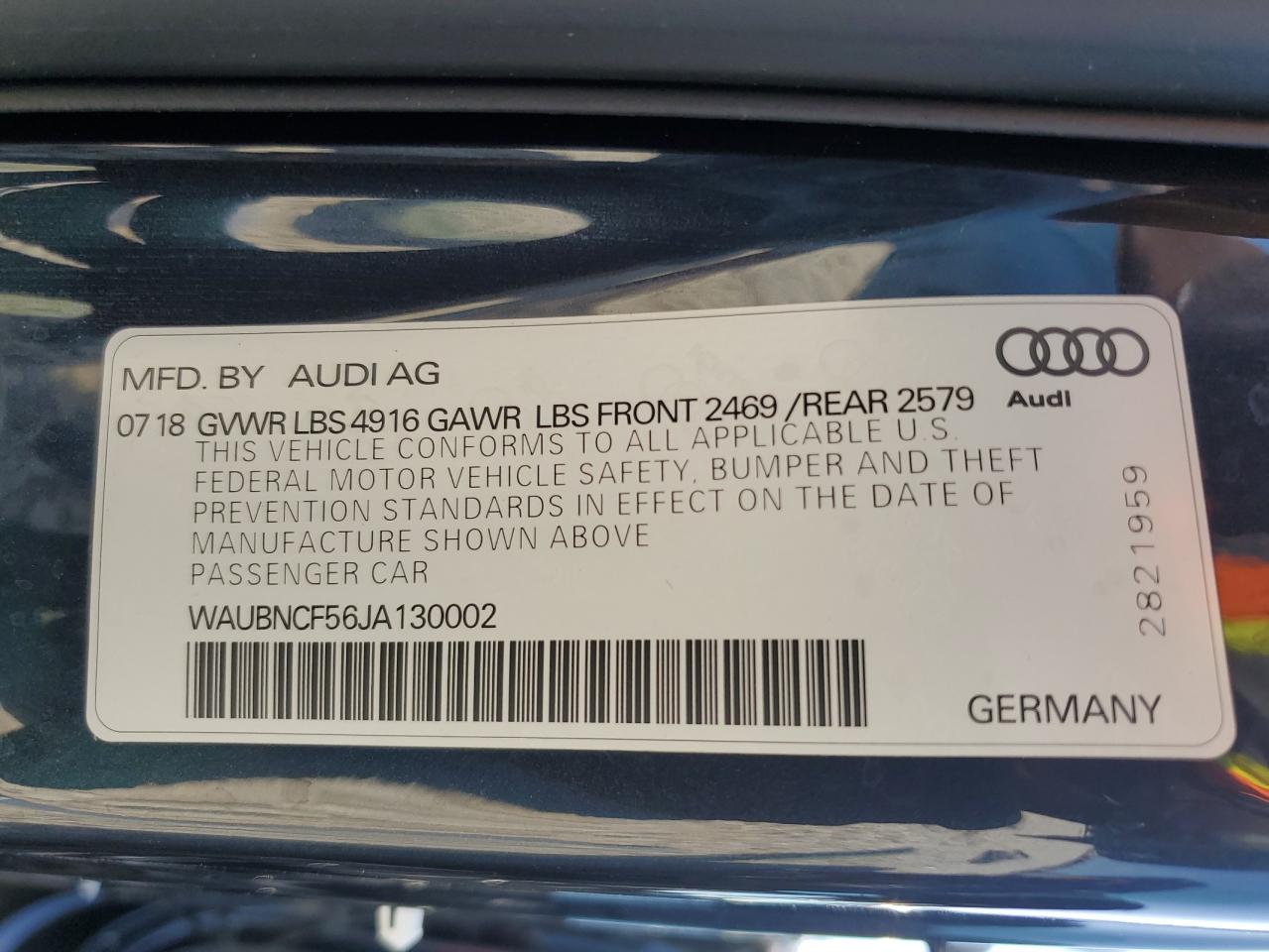 WAUBNCF56JA130002 2018 Audi A5 Premium Plus